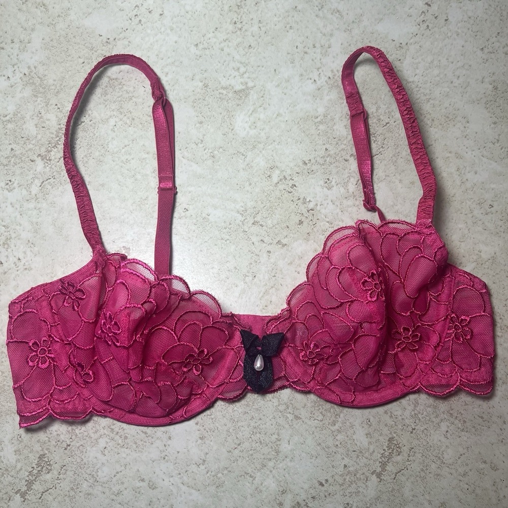 ADORE ME 34B Vintage Hot Pink Floral Lace Balconette Underwire Bra Pearl Bow‎